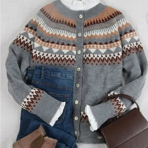 Gray Fair Isle Cardigan - Picture 2 of 7